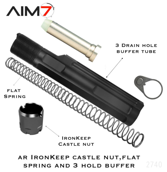 AIM7 AR-15/M16 Buffer Tube Kit with Flat springs, 3 hole buffer, IronKeep Castle nut